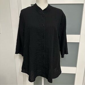 Habitat Black Crinkle Rayon Blend Top SZ Large Artsy Buttons Lagenlook EUC